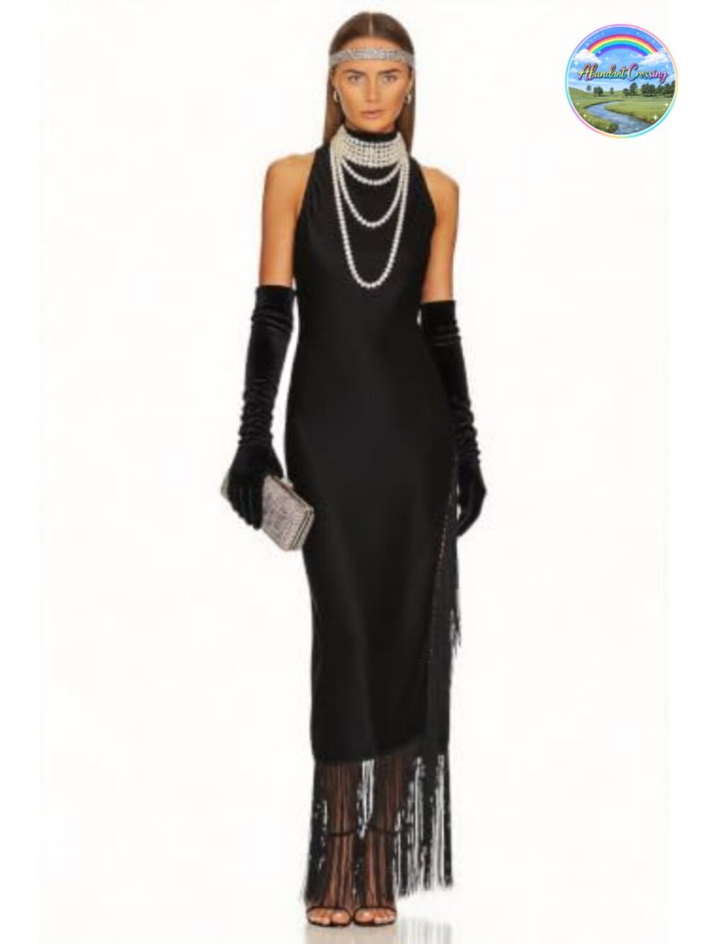 Womens Gatsby Vintage Flapper Maxi Dress Halter Tassel Hem Gown with Slit - Picture 3 of 6